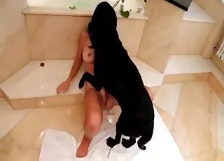 Hot housewife gets dirty with a dog on the kitchen floor