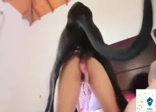 Brunette on all fours enjoys a deep knotted cock